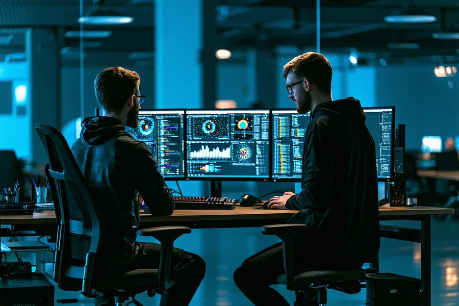 Two engineers at a standing desk, dark monitors showing terminal output and trace waterfall diagrams, focused work environment with ambient teal screen glow