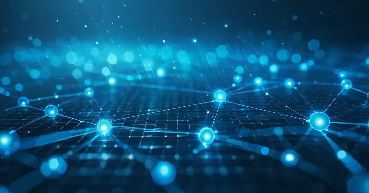 Abstract visualization of distributed service nodes connected by glowing trace lines, Kubernetes hexagonal pattern in background