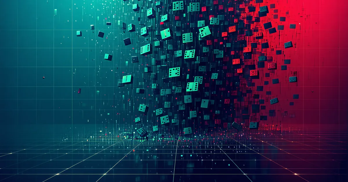 Abstract visualization of a cascading failure represented as falling domino-like data blocks on a dark background
